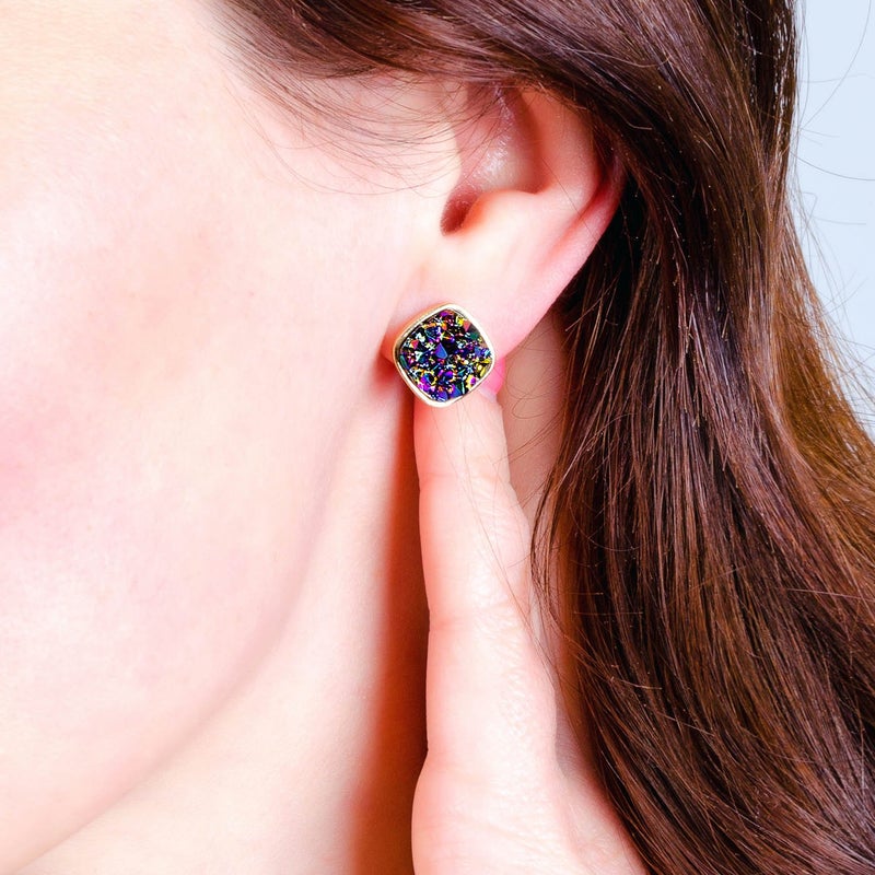 BaubleStar Druzy Stud Earrings Delicate Square Resin Mineral Rock Stone Ear Studs Jewelry for Women - Image 5